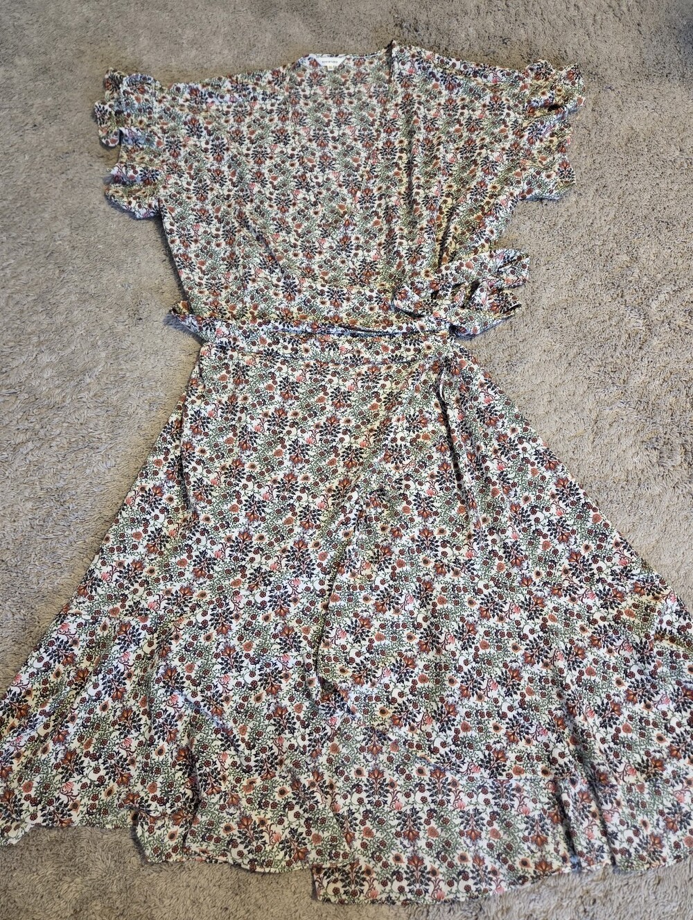 Max Studio Floral Wrap Midi High-Low Dress in Cream, Rust and Green